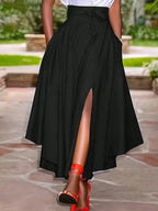 Exclusive Women's High Waist Slit Midi Skirt ? Solid Colour Casual Daily Skirt with Lace & Zip Detail ? Black ? Size S ? Back View