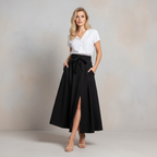 Exclusive Women's High Waist Slit Midi Skirt ? Solid Colour Casual Daily Skirt with Lace & Zip Detail ? Black ? Size S ? Front View