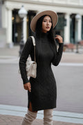 Exclusive Women's Turtleneck Knit Sweater Dress ? Slit Hem Long Pullover ? Grey ? Size S ? Front View