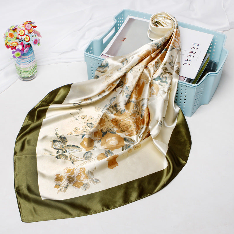 Exclusive High-end Versatile Retro Printed Artificial Silk Scarf — D9028 Red — Size 90X90CM — Top View