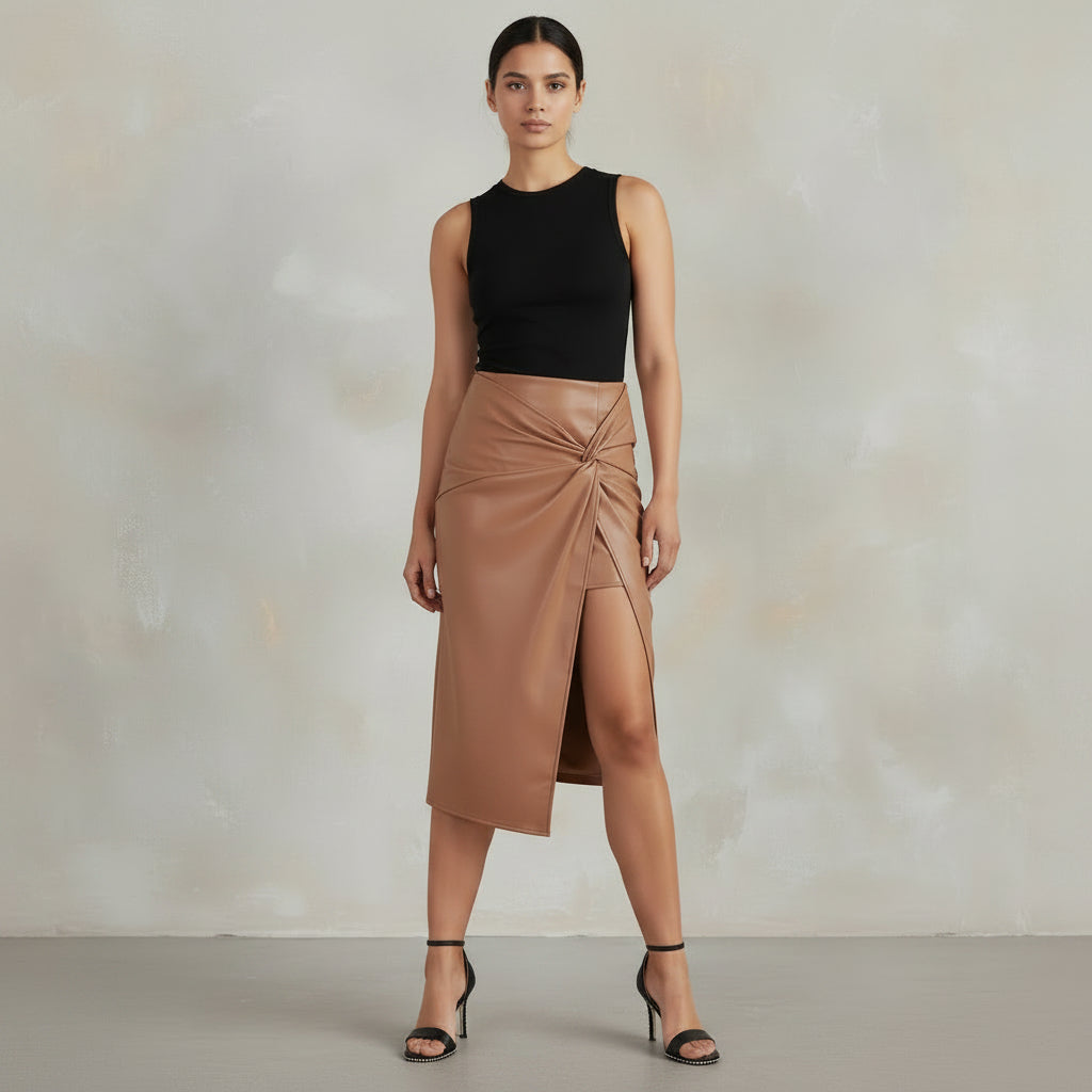 Exclusive Women's Faux Leather Midi Skirt ? High-Slit Hip-Hugging Zip Skirt ? Black ? Size S ? Top View