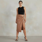 Exclusive Women's Faux Leather Midi Skirt ? High-Slit Hip-Hugging Zip Skirt ? Black ? Size S ? Top View