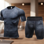 Exclusive Men's Compression Gym Set ? Muscle Fit Athletic Shirt, Shorts & Leggings ? Blue ? Size XL ? Width Long ? Front View