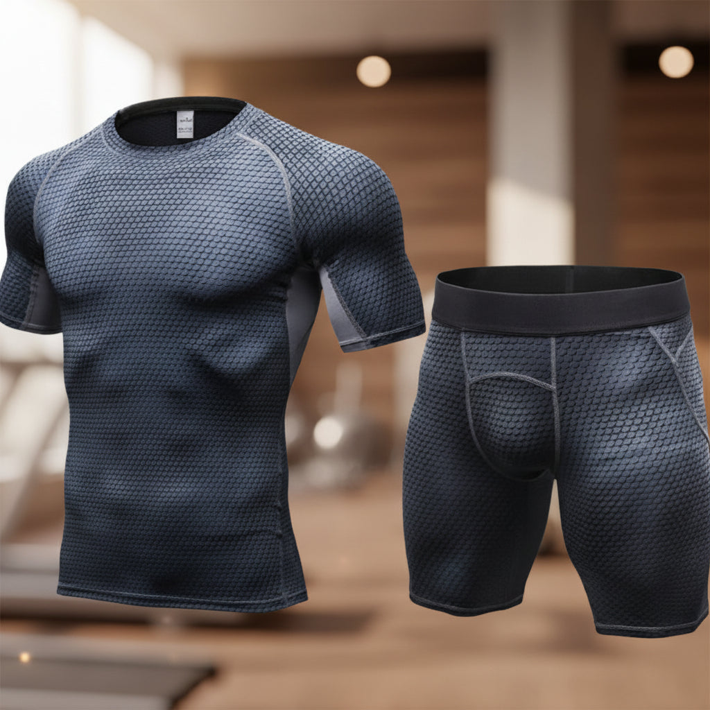 Exclusive Men's Compression Gym Set ? Muscle Fit Athletic Shirt, Shorts & Leggings ? Blue ? Size XL ? Width Long ? Front View
