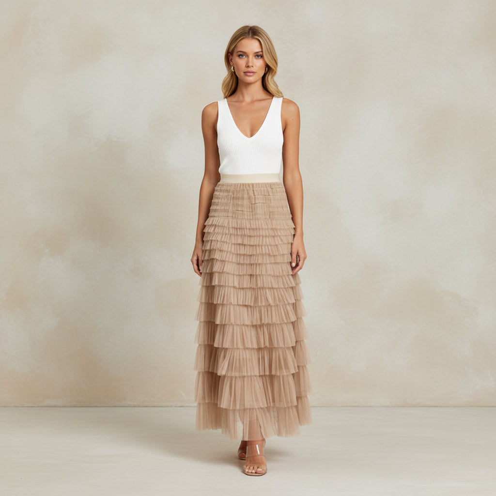 Exclusive Women's Layered Ruffle Mesh Maxi Skirt ? A-Line Tiered Cake Skirt for Party & Summer ? Khaki ? Size S ? Back View