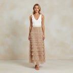 Exclusive Women's Layered Ruffle Mesh Maxi Skirt ? A-Line Tiered Cake Skirt for Party & Summer ? Khaki ? Size S ? Back View