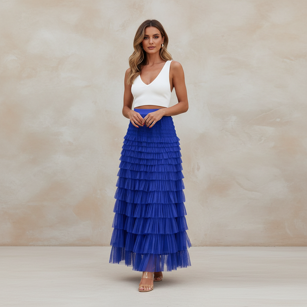 Exclusive Women's Layered Ruffle Mesh Maxi Skirt ? A-Line Tiered Cake Skirt for Party & Summer ? Khaki ? Size S ? Alternate View 9