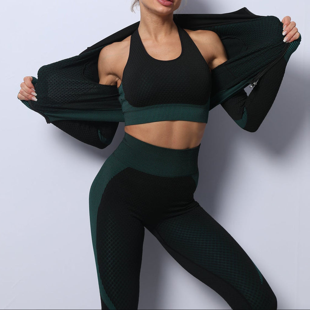 Exclusive Women's 3-Piece Seamless Yoga Set ? Leggings, Crop Top & Sports Bra Gym Tracksuit ? Army green ? Size S ? Alternate View 12