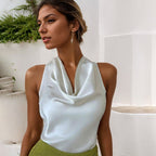 Exclusive Women's Halter Neck Backless Sleeveless Vest Top ? Solid Colour Swing Collar Shirt ? Black ? Size S ? Detail View