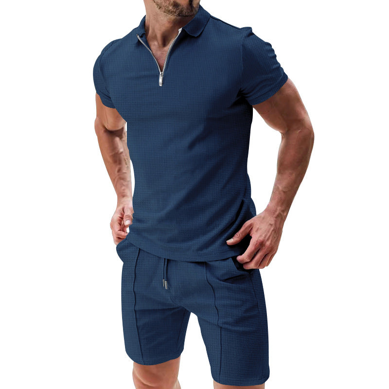 Exclusive Men's 2-Piece Waffle Zipper Lapel Top & Drawstring Shorts Set ? Summer Casual Suit ? White ? Size M ? Lifestyle View