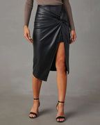 Exclusive Women's Faux Leather Midi Skirt ? High-Slit Hip-Hugging Zip Skirt ? Black ? Size S ? Alternate View 7