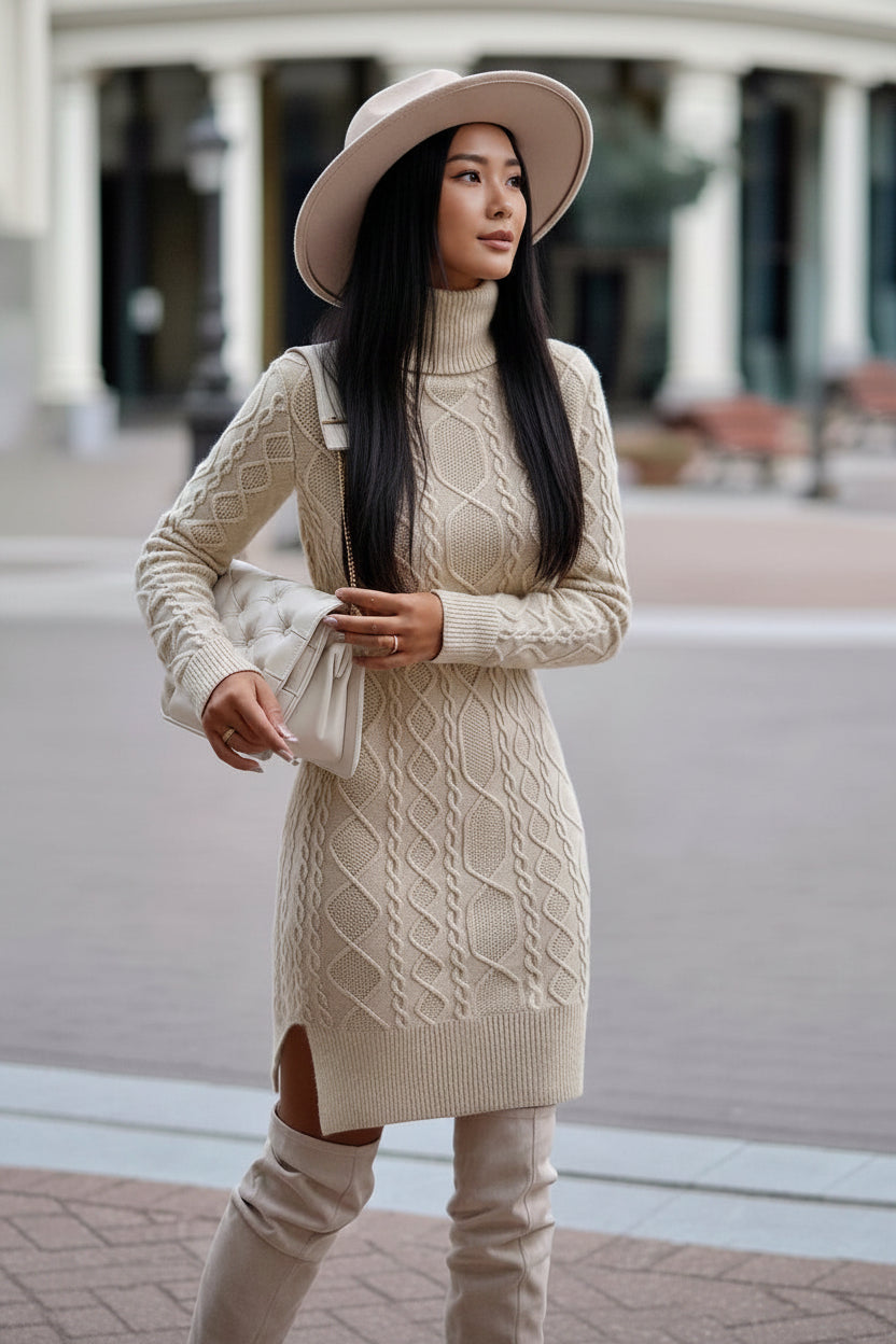Exclusive Women's Turtleneck Knit Sweater Dress ? Slit Hem Long Pullover ? Grey ? Size S ? Lifestyle View