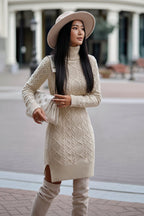 Exclusive Women's Turtleneck Knit Sweater Dress ? Slit Hem Long Pullover ? Grey ? Size S ? Lifestyle View