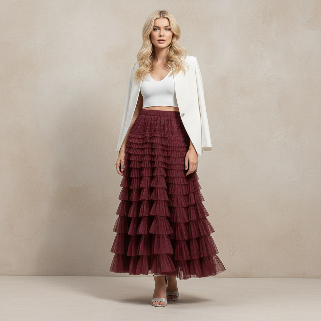 Exclusive Women's Layered Ruffle Mesh Maxi Skirt ? A-Line Tiered Cake Skirt for Party & Summer ? Khaki ? Size S ? Alternate View 11
