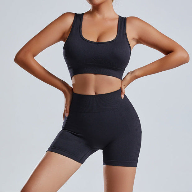 Exclusive Women's 2-Piece Seamless Sports Bra & Shorts Set ? Yoga Gym Workout Tracksuit ? Black ? Size Bra and Short ? Width S ? Side View
