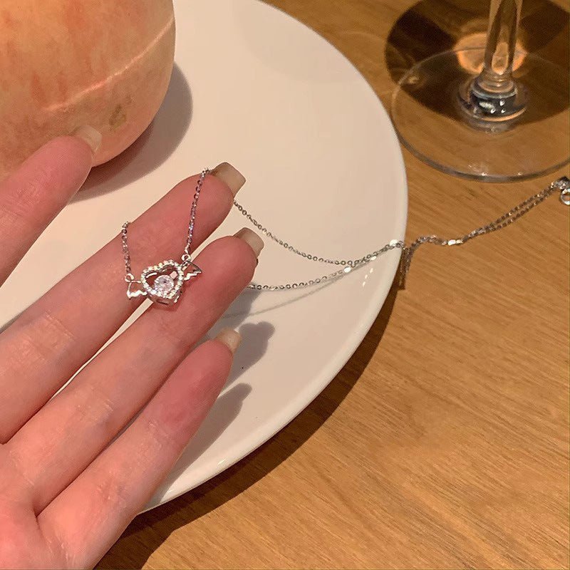 Exclusive Angel Heart Necklace For Women — White Gold Color — Size 925 Silver — Side View