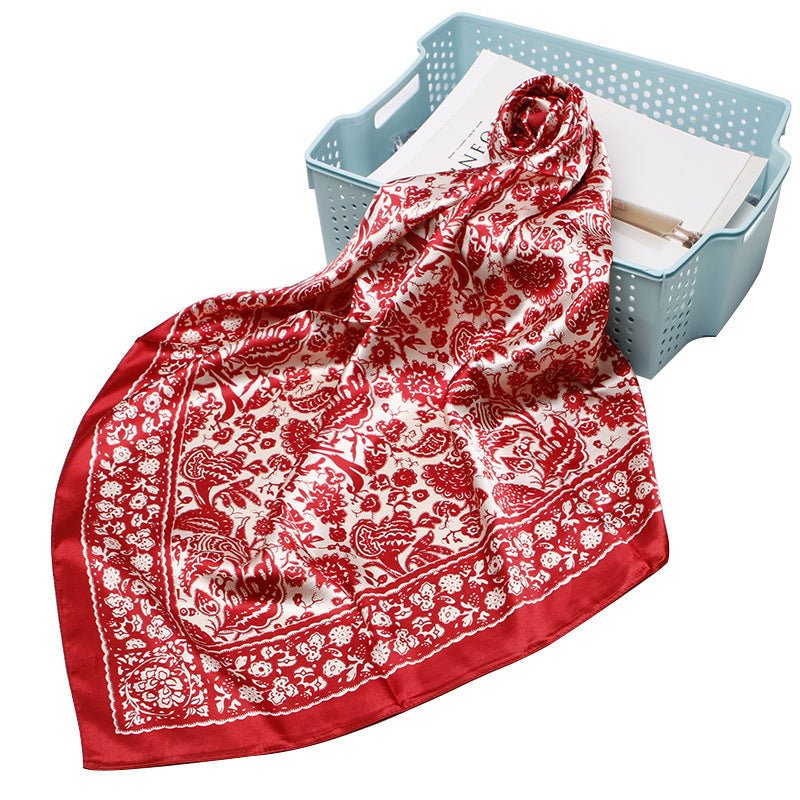 Exclusive Artificial Silk Small Square Towel Style — Red Paper Cut — Size 90x90 — Detail View