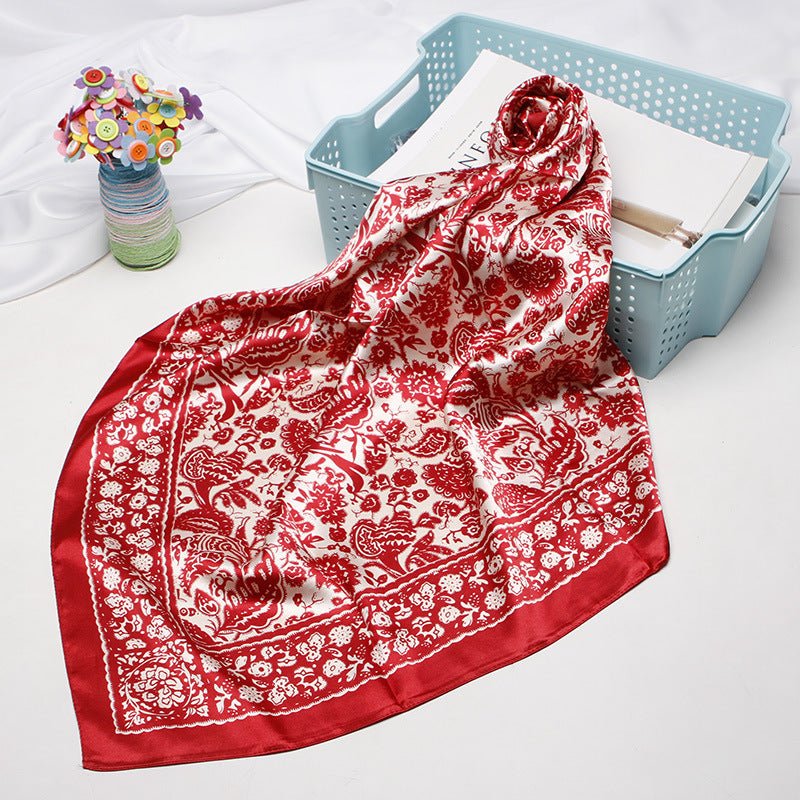 Exclusive Artificial Silk Small Square Towel Style — Red Paper Cut — Size 90x90 — Front View