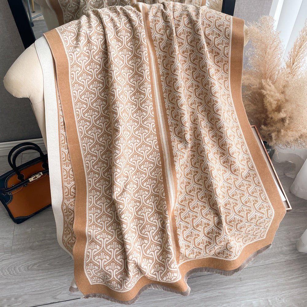 Exclusive Autumn And Winter Artificial Cashmere Scarf — SY28606 Khaki — Size 65x185cm — Back View