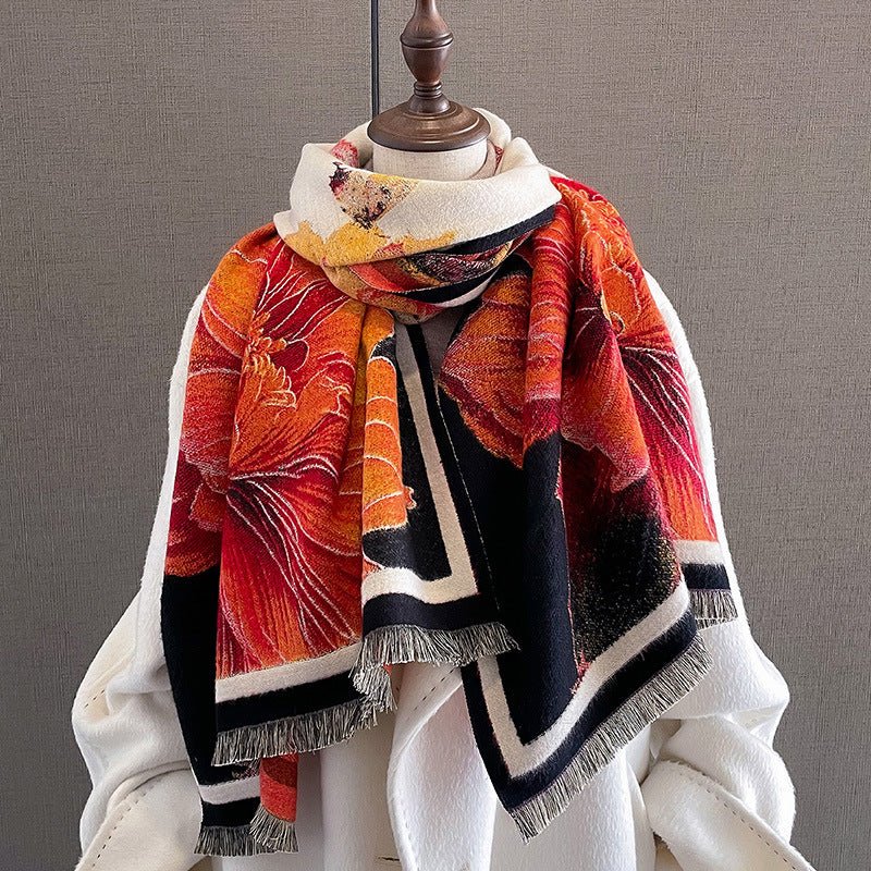 Exclusive Autumn And Winter Duplex Printing Thickened Artificial Cashmere Scarf — Beige Orange — Size 60X180cm — Back View