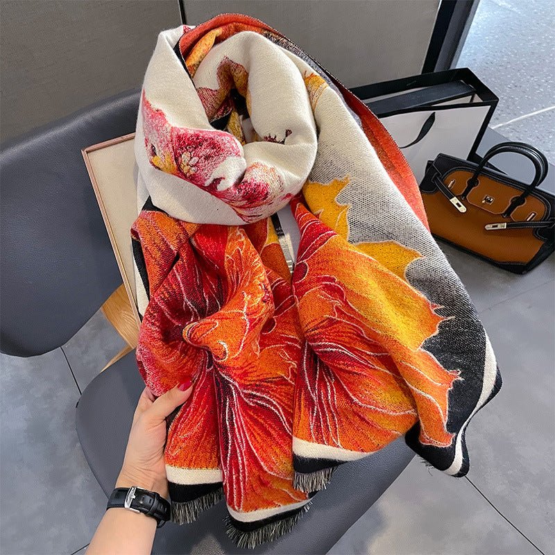 Exclusive Autumn And Winter Duplex Printing Thickened Artificial Cashmere Scarf — Beige Orange — Size 60X180cm — Side View