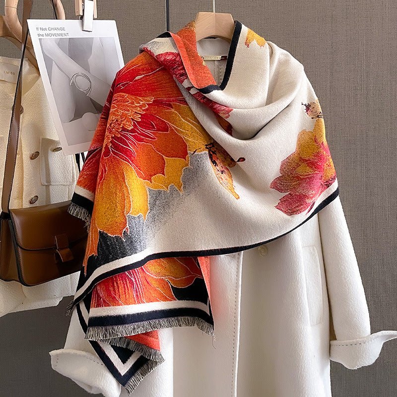 Exclusive Autumn And Winter Duplex Printing Thickened Artificial Cashmere Scarf — Beige Orange — Size 60X180cm — Front View
