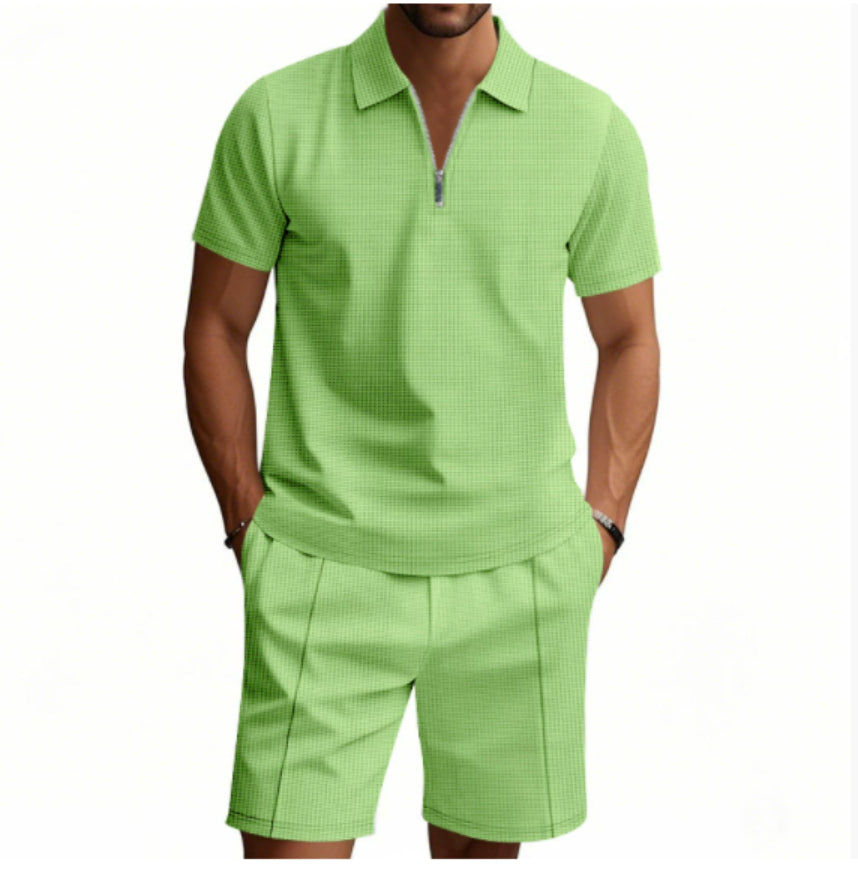 Exclusive Men's 2-Piece Waffle Zipper Lapel Top & Drawstring Shorts Set ? Summer Casual Suit ? White ? Size M ? Alternate View 11