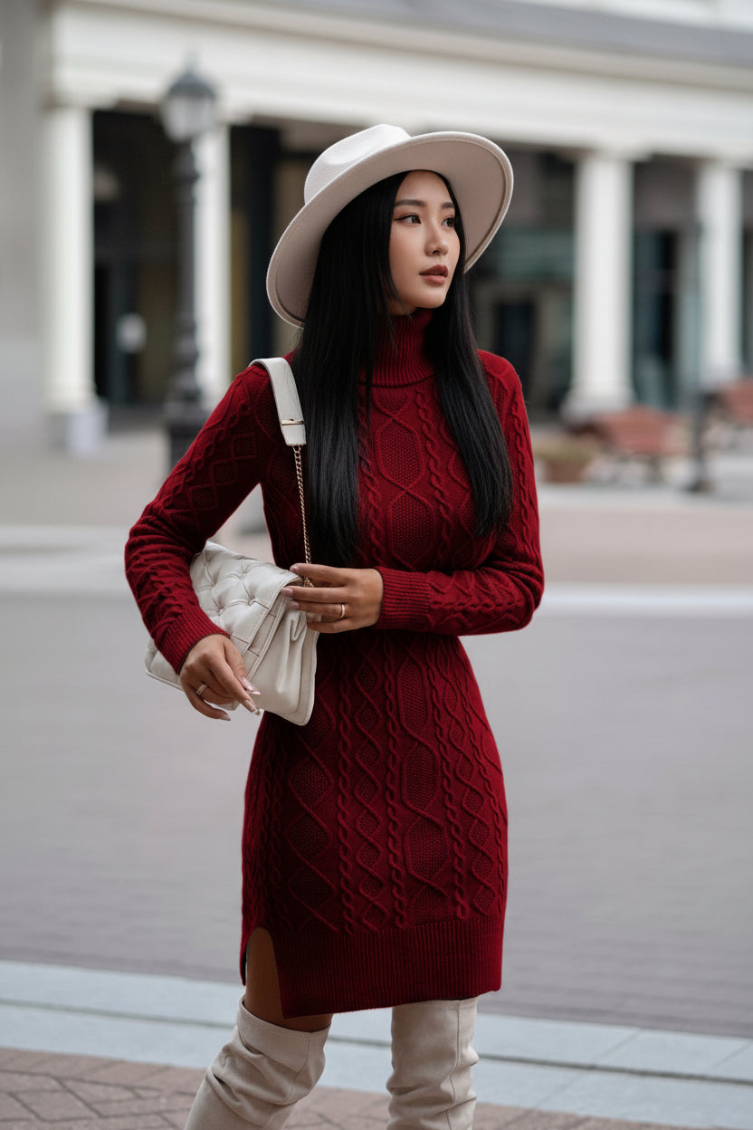Exclusive Women's Turtleneck Knit Sweater Dress ? Slit Hem Long Pullover ? Grey ? Size S ? Side View