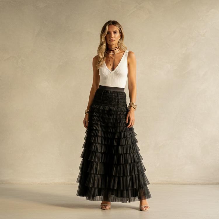 Exclusive Women's Layered Ruffle Mesh Maxi Skirt ? A-Line Tiered Cake Skirt for Party & Summer ? Khaki ? Size S ? Lifestyle View
