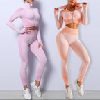 Exclusive Women's 3-Piece Seamless Yoga Set ? Leggings, Crop Top & Sports Bra Gym Tracksuit ? Army green ? Size S ? Back View