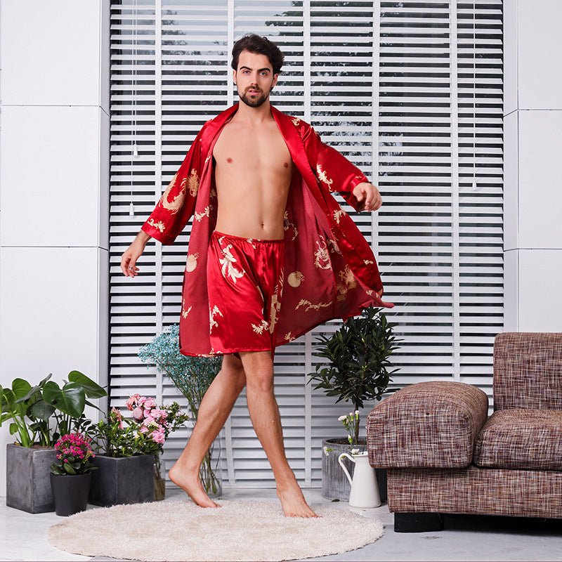 Exclusive Bathrobe Silk Nightgown And Short Pajama — Black nightgown and short pant — Size M — Detail View