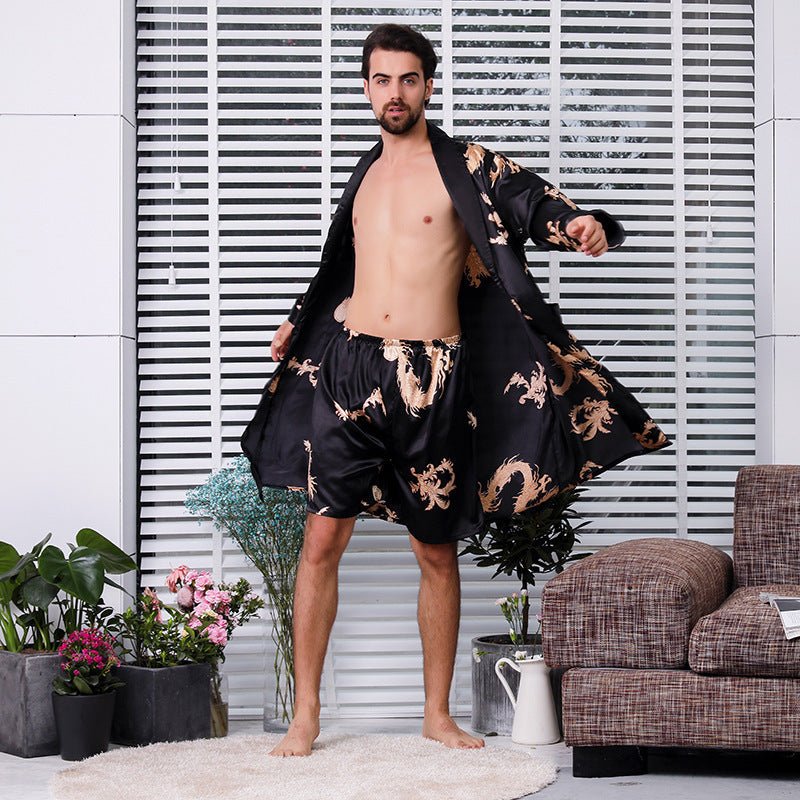 Exclusive Bathrobe Silk Nightgown And Short Pajama — Black nightgown and short pant — Size M — Front View