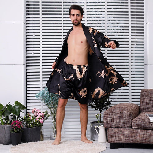 Exclusive Bathrobe Silk Nightgown And Short Pajama — Black nightgown and short pant — Size M — Front View
