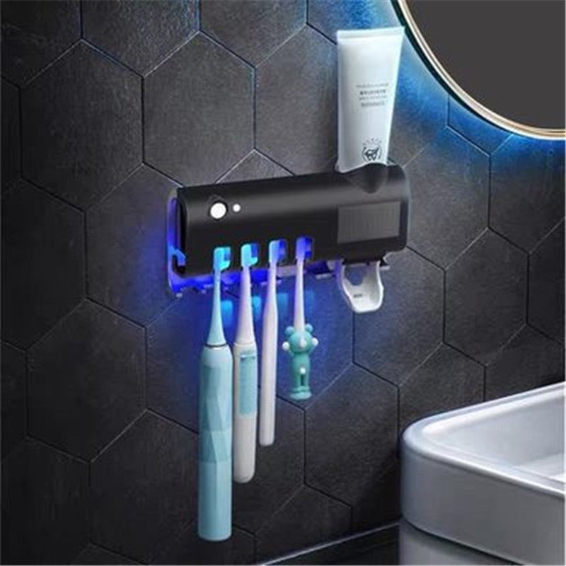 Exclusive Toothbrush Holder with Toothpaste Dispenser | Organized & Hygienic — Black — Front View