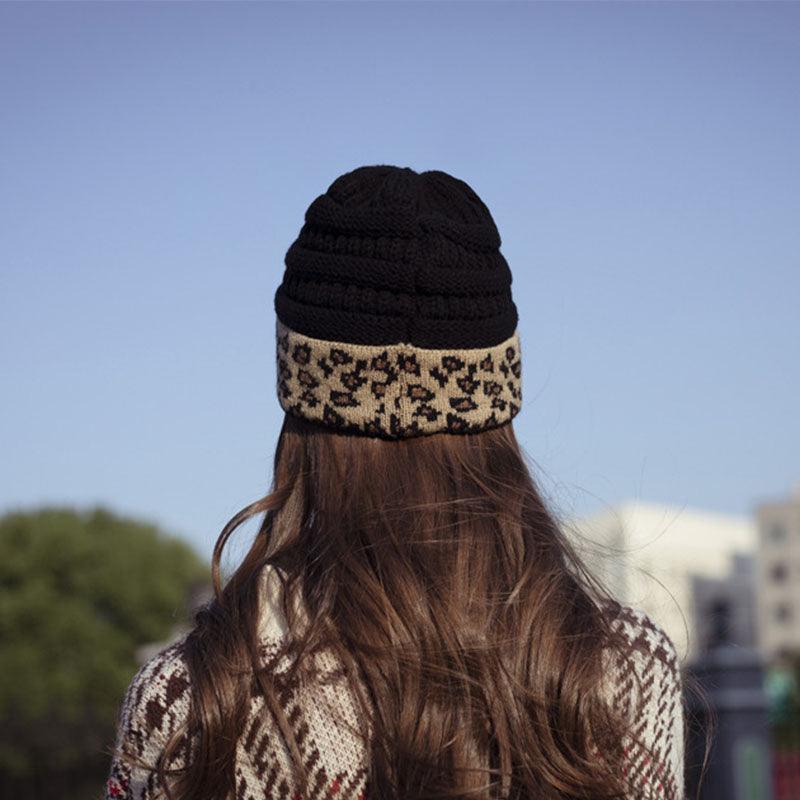 Exclusive Women's Leopard Print Knit Beanie — Beige — Size One Size — Back View