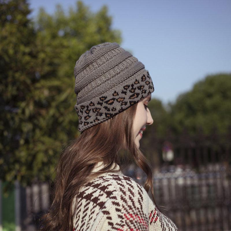 Exclusive Women's Leopard Print Knit Beanie — Beige — Size One Size — Side View