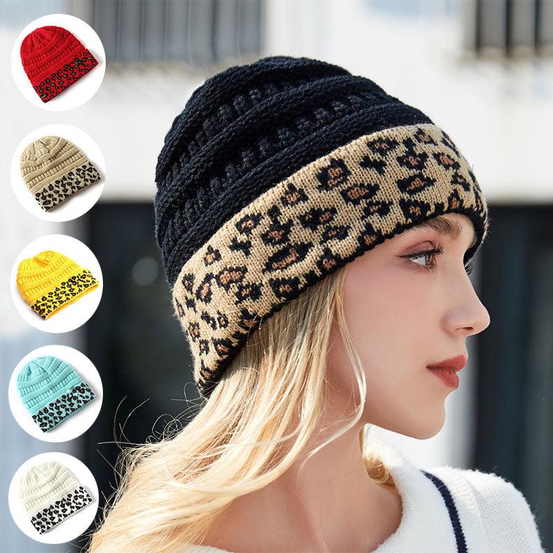 Exclusive Women's Leopard Print Knit Beanie — Beige — Size One Size — Front View