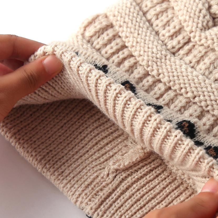 Exclusive Women's Leopard Print Knit Beanie — Beige — Size One Size — Detail View