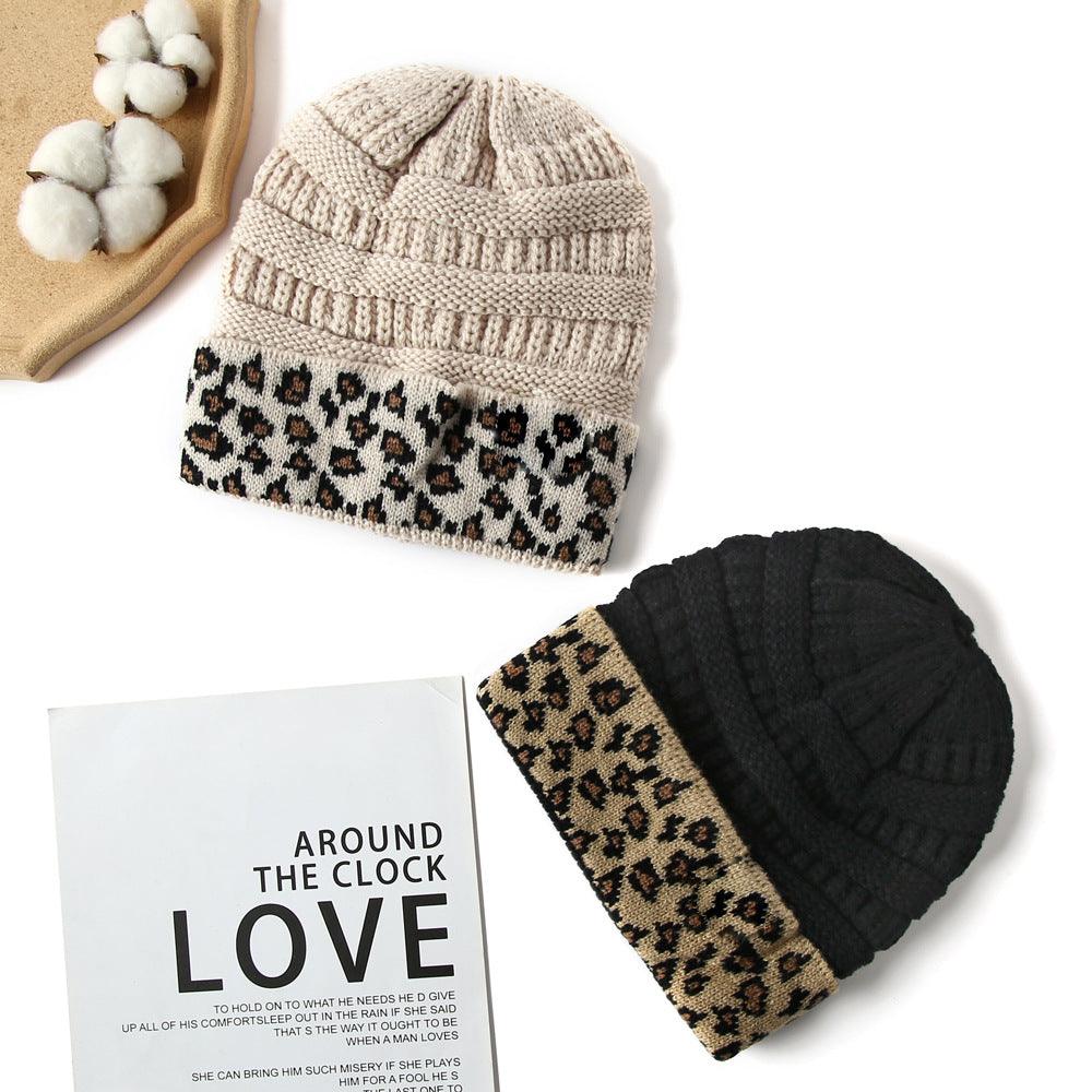 Exclusive Women's Leopard Print Knit Beanie — Beige — Size One Size — Top View