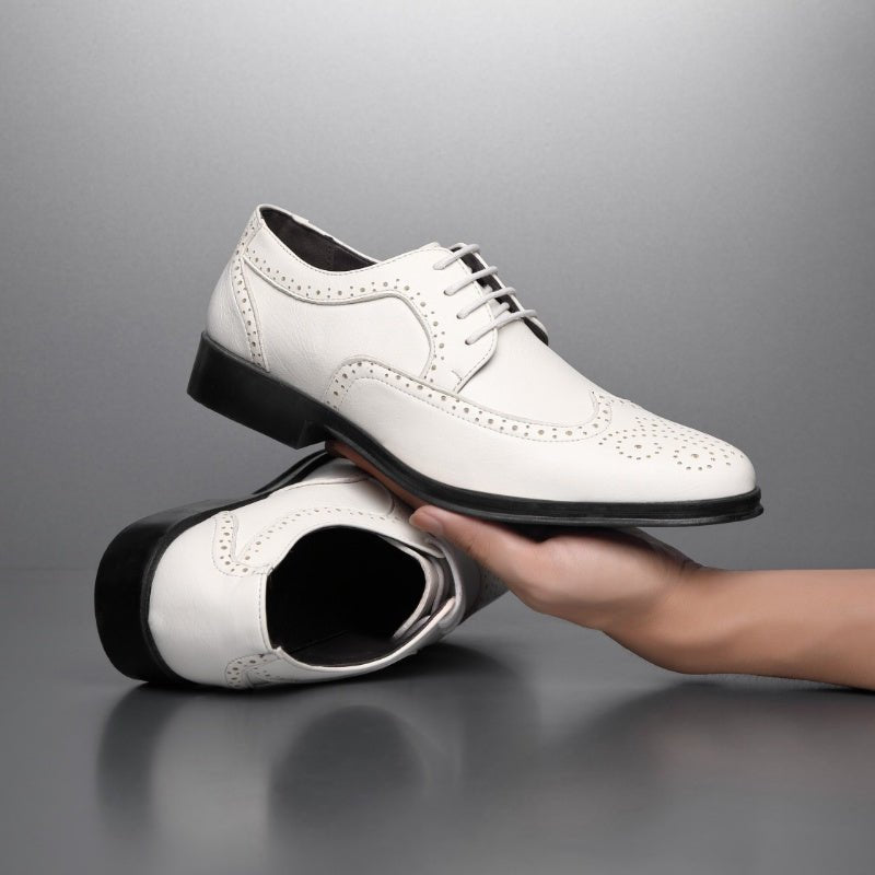 Exclusive Block Carved Casual Leather Shoes For Men — White — Size 38 — Side View