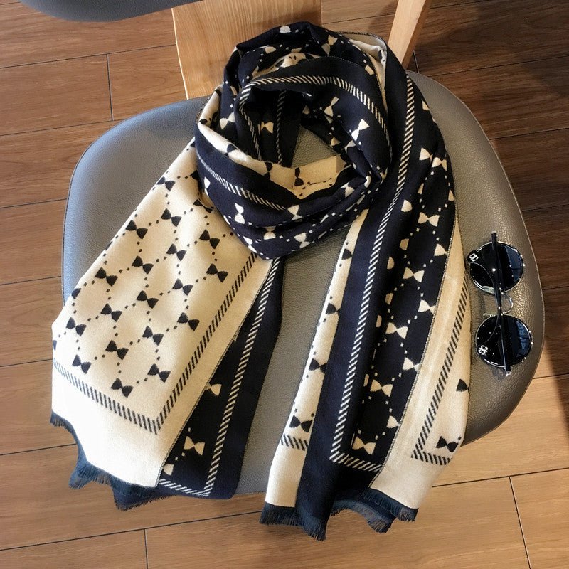 Exclusive Reversible Bow Scarf - Trendy Style — Black Rice Yellow — Size 190x65cm — Front View