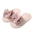 Exclusive Bow Opening Cotton Slippers Home Plush — Brown — Size 36to37 — Top View