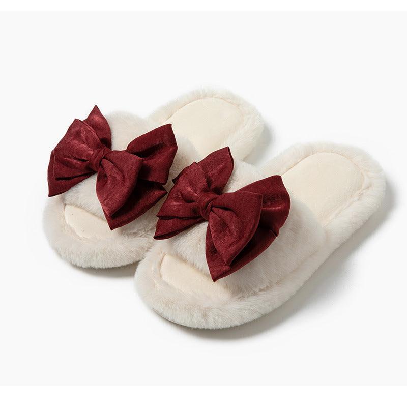 Exclusive Bow Opening Cotton Slippers Home Plush — Brown — Size 36to37 — Back View
