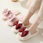 Exclusive Bow Opening Cotton Slippers Home Plush — Brown — Size 36to37 — Front View