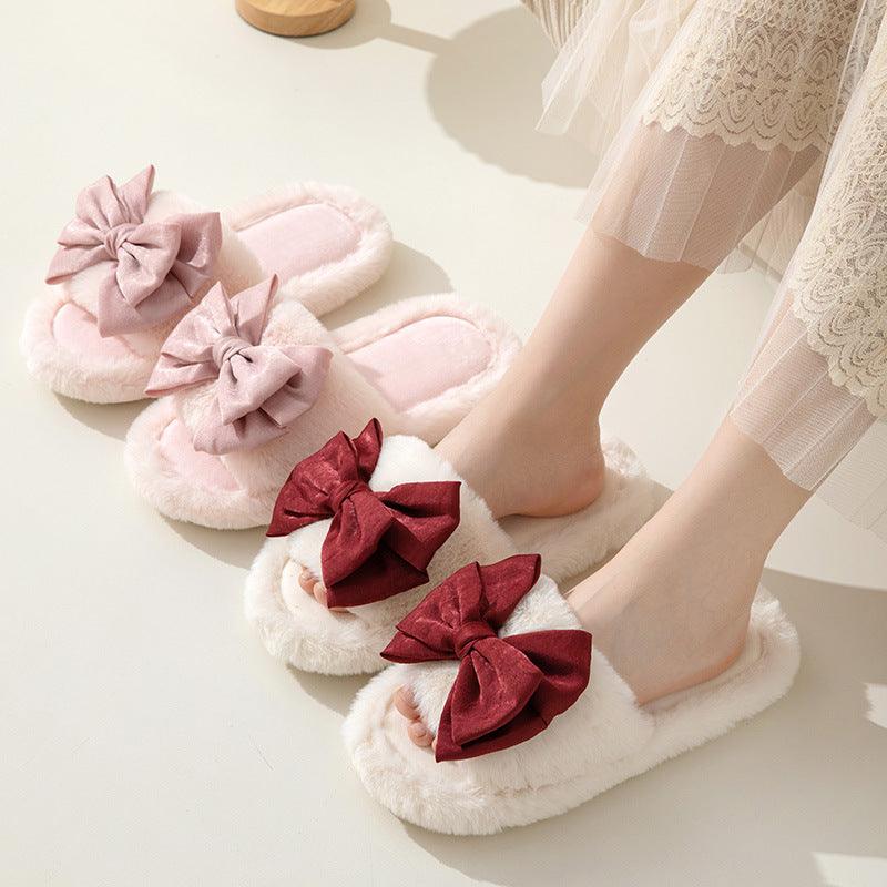 Exclusive Bow Opening Cotton Slippers Home Plush — Brown — Size 36to37 — Front View