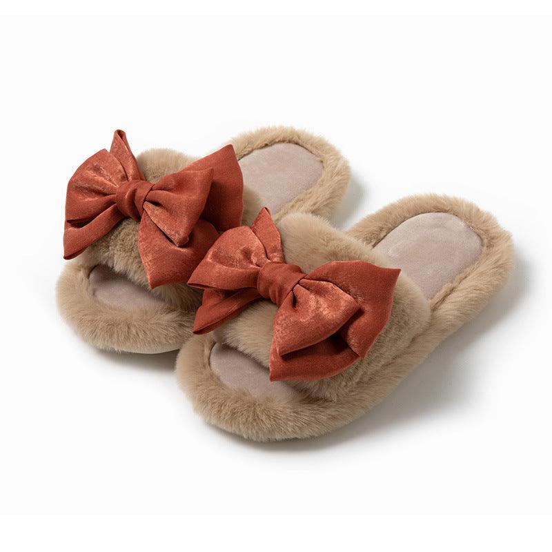 Exclusive Bow Opening Cotton Slippers Home Plush — Brown — Size 36to37 — Side View