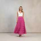 Exclusive Women's Layered Ruffle Mesh Maxi Skirt ? A-Line Tiered Cake Skirt for Party & Summer ? Khaki ? Size S ? Alternate View 8