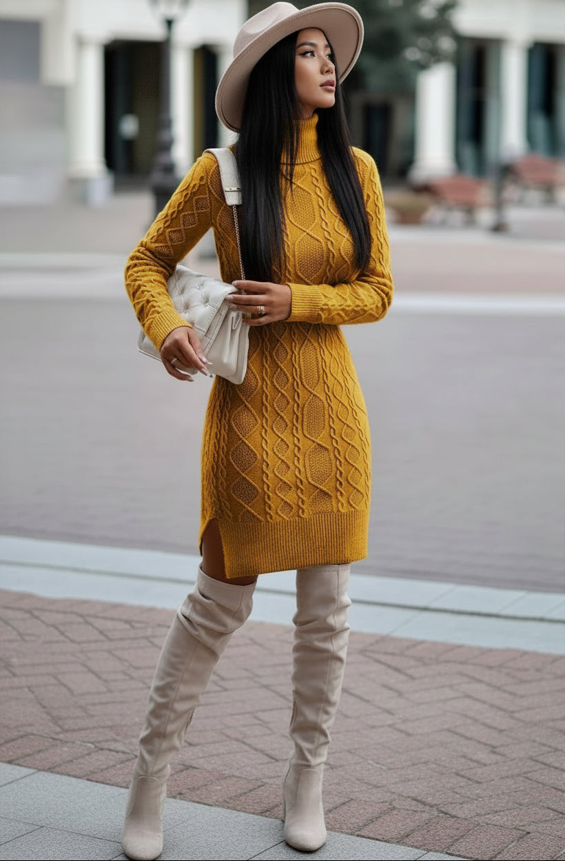 Exclusive Women's Turtleneck Knit Sweater Dress ? Slit Hem Long Pullover ? Grey ? Size S ? Detail View