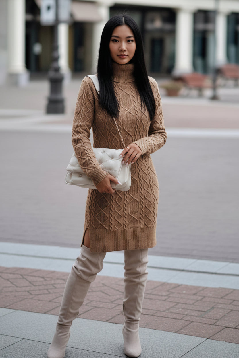 Exclusive Women's Turtleneck Knit Sweater Dress ? Slit Hem Long Pullover ? Grey ? Size S ? Back View