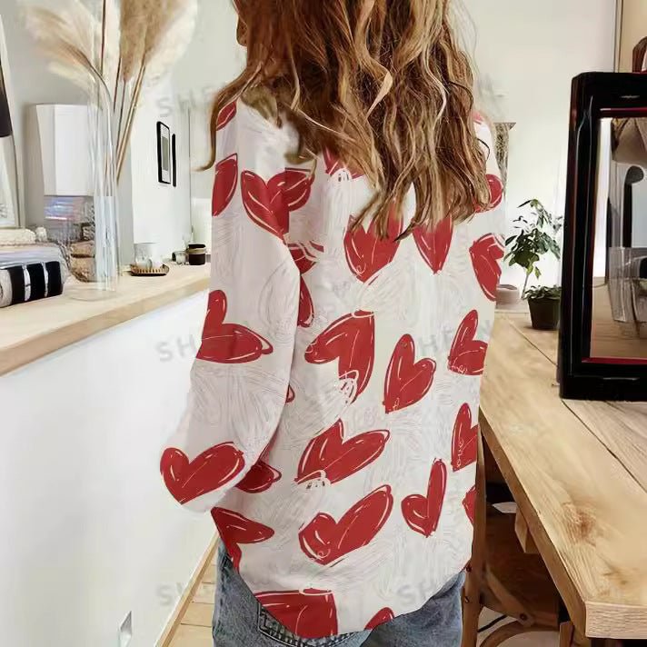 Exclusive Cardigan Stand Collar Printed Shirt — Red Heart — Size S — Side View